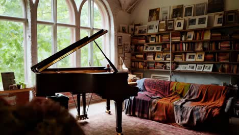 a cozy living room with a piano