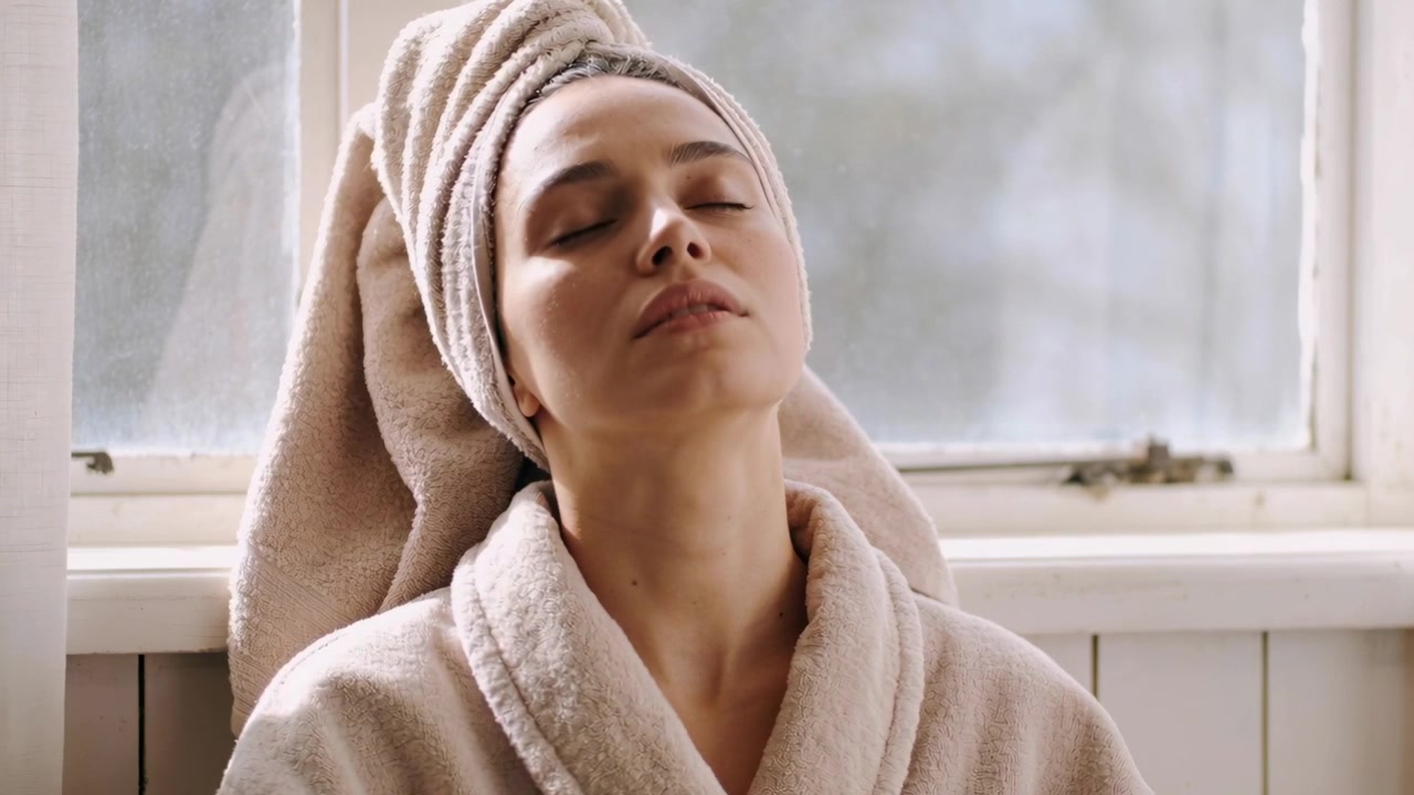 Sitting post-bath woman tilting chin back, relaxing jaw at frosted window in robe with towel turban