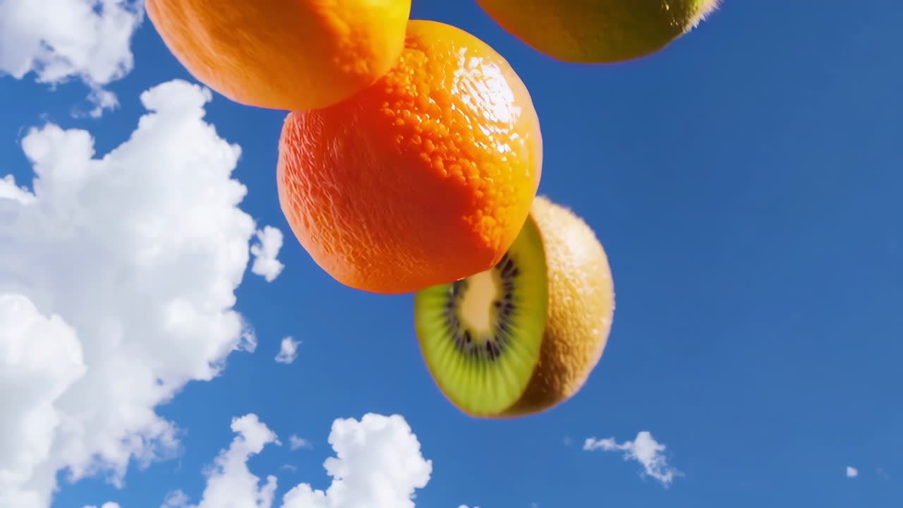Fargerike frukter mot en blå himmel