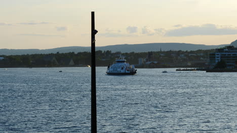 electric passenger ferry boat in oslo fjord, after sunset, dusk