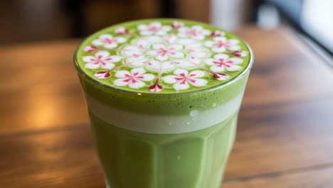 a beautifully crafted matcha latte with floral designs: a visual delight of green tea and artistic foam presentation in a charming glass