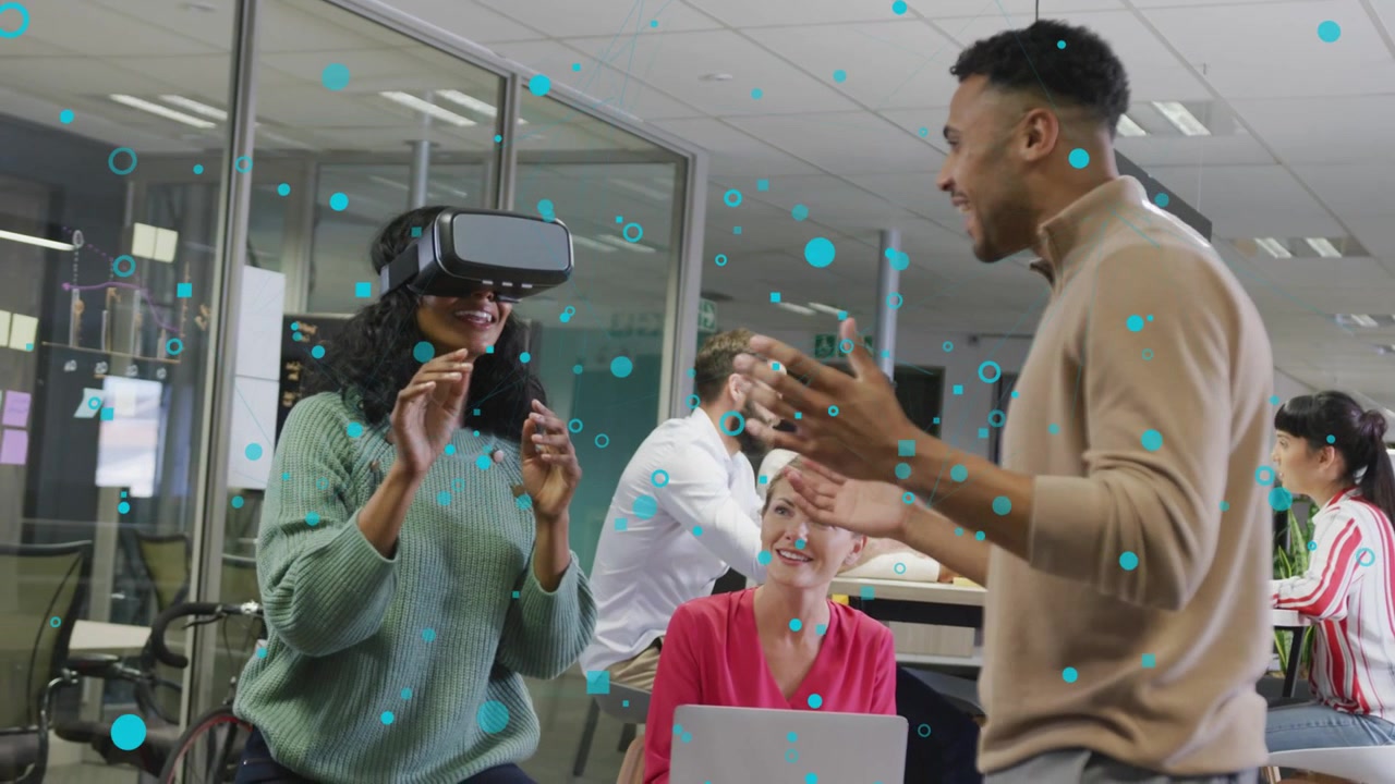 Woman placing VR headset after presenter gesture, interacting with turquoise data for tech demo