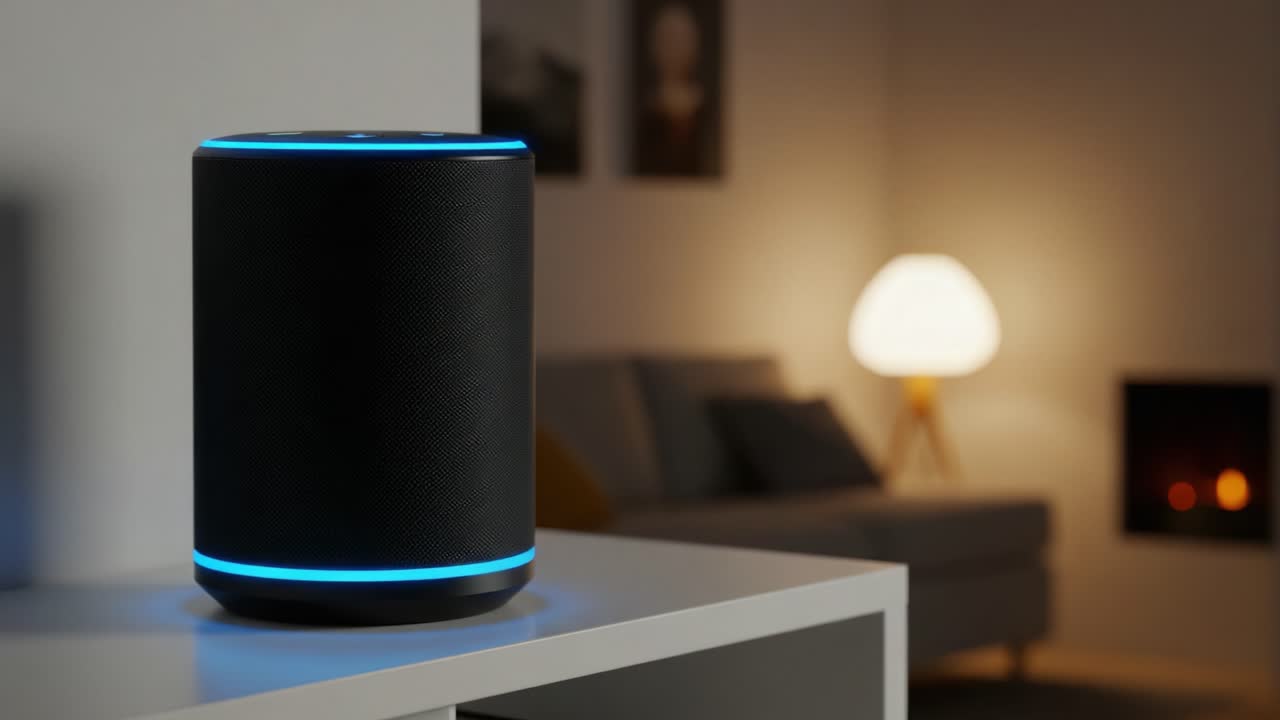Modern Smart Speaker on a Shelf Illuminated by Soft Ambient Light, Creating a Cozy Atmosphere in a Contemporary Living Room Setting