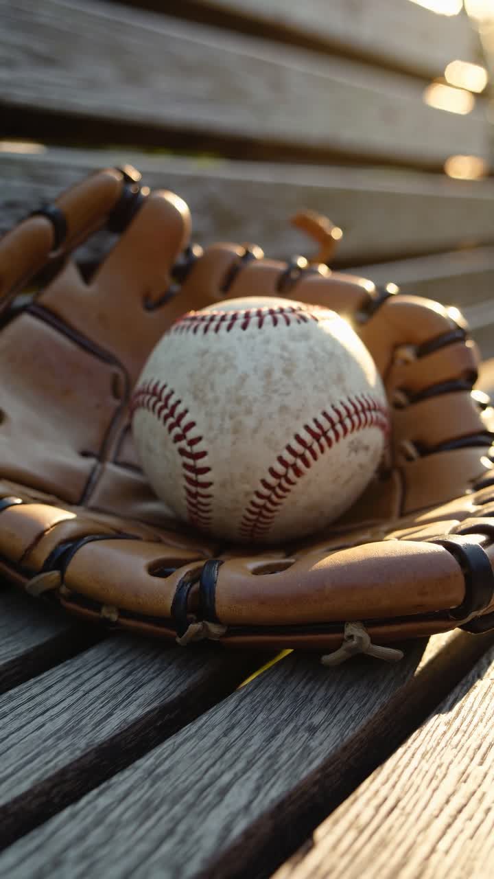 Primo piano di una palla da baseball in un guanto su una panchina di legno, ripresa da un'angolazione bassa