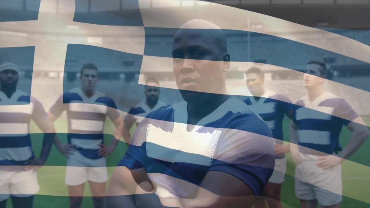Rugby coach and teammates huddling as graphic overlay triggers Greek flag waving to showcase unity