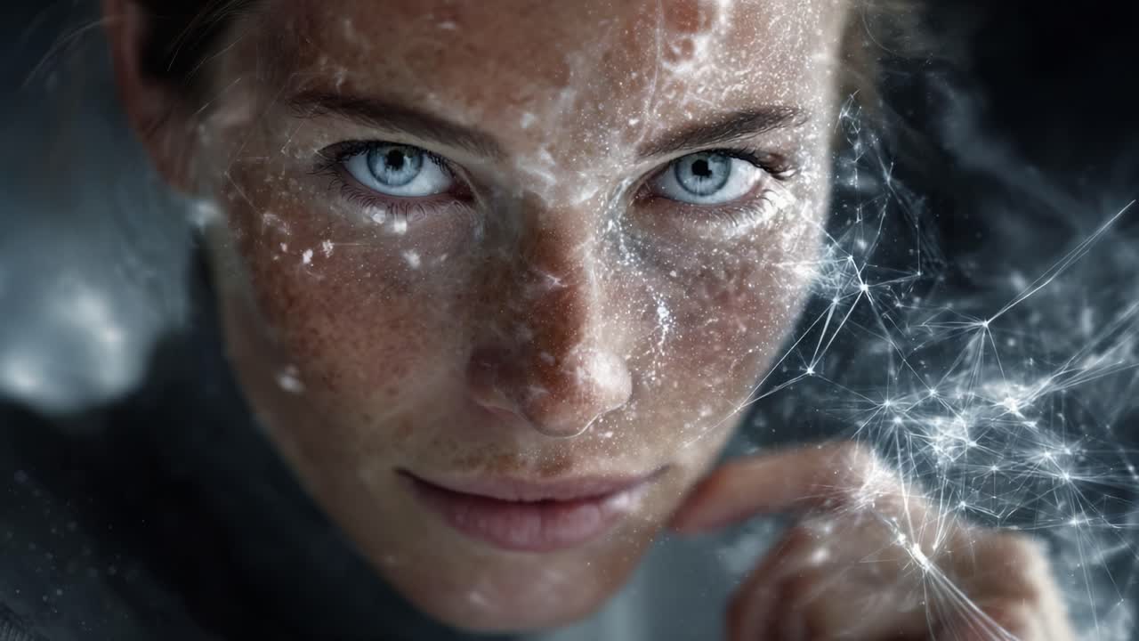 A Captivating Transformation: The Glowing Eyes and Intricate Patterns Emerge from an Enigmatic Surface, Revealing the Depths of Emotion and Connection in a Striking Portrait