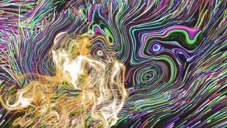 animation of glowing pink mesh moving over waving multi coloured background