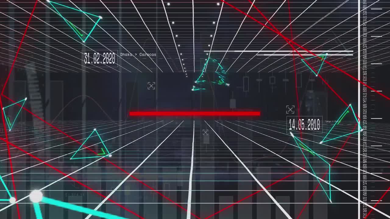 통계 데이터 처리를 통해 그리드 네트워크를 통해 네온 삼각형 모양의 애니메이션