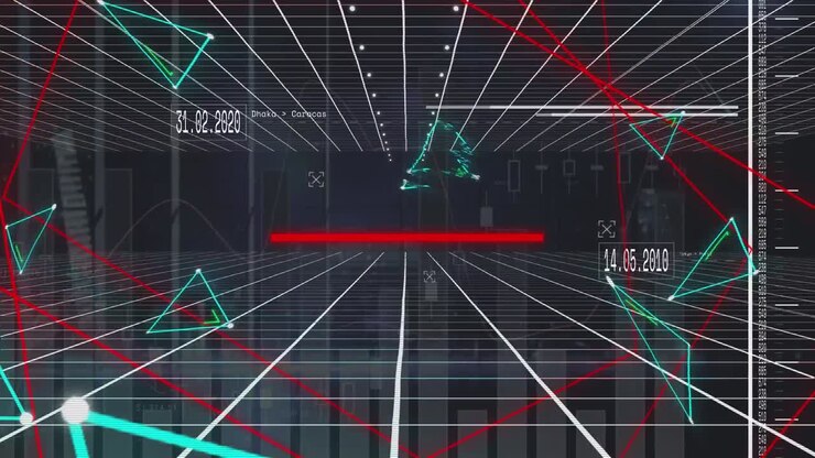 Animation of neon triangular shapes over grid network against statistical data processing