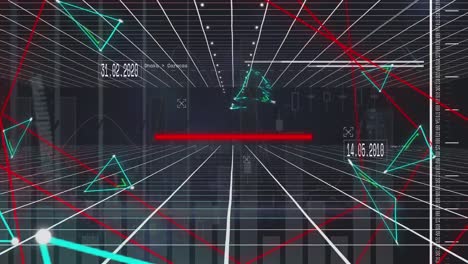 animation of neon triangular shapes over grid network against statistical data processing