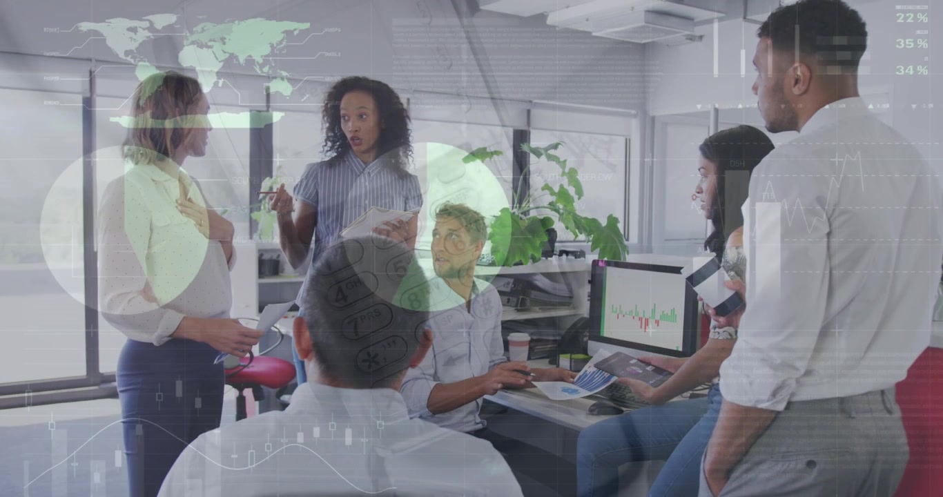 Animation of statistics and data processing over diverse business people