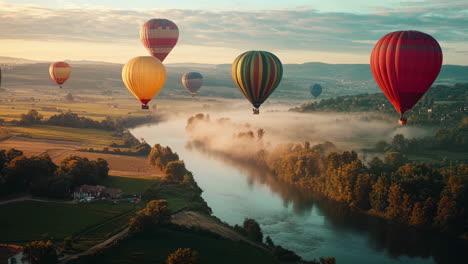a group of colorful hot air balloons floating above the picturesque countryside