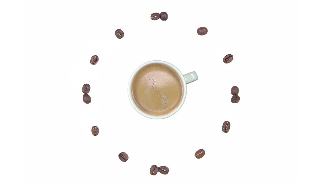 커피 시간 - 폼과 커피 콩의 시계와 함께 커피 컵, 색 배경에 고립 된 원활한 루프 애니메이션