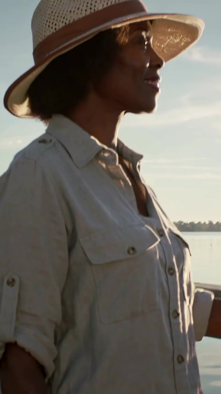 Video verticale: Donna con cappello di paglia che sale sul molo, cammina sul pontile, tocca la ringhiera e guarda il lago.