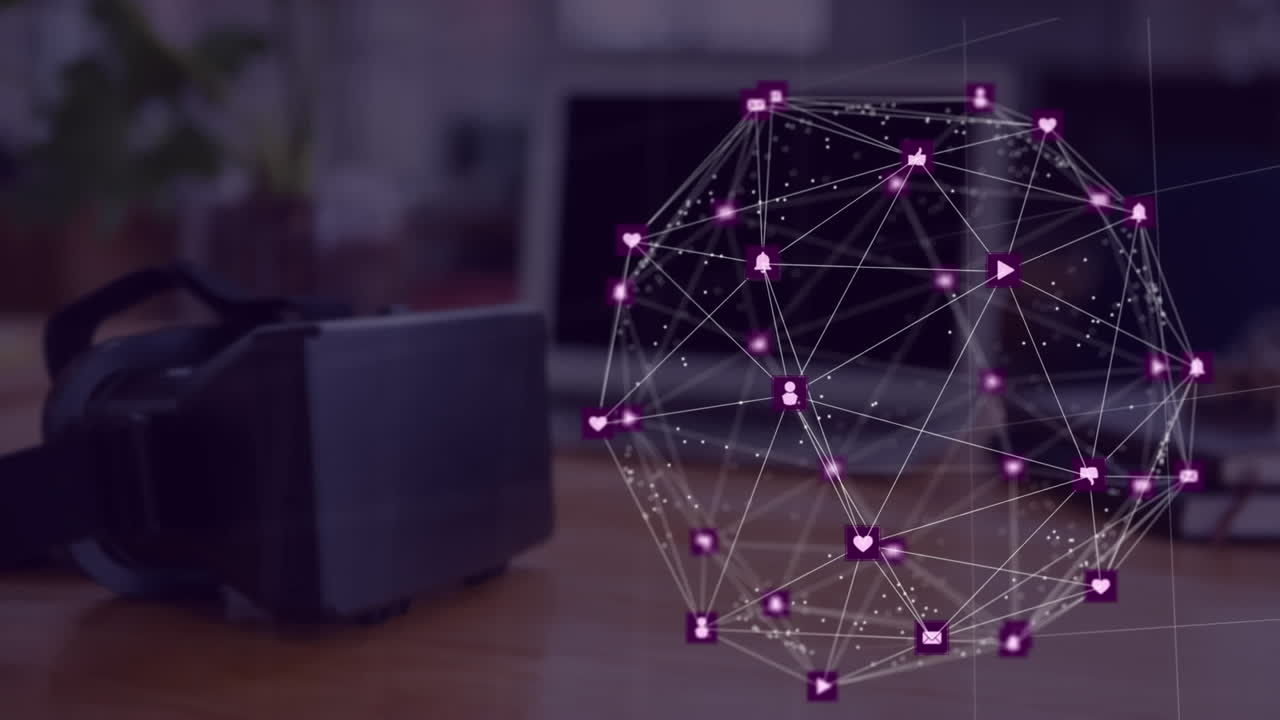 animación de iconos conectados que forman un globo sobre auriculares y portátil en el escritorio