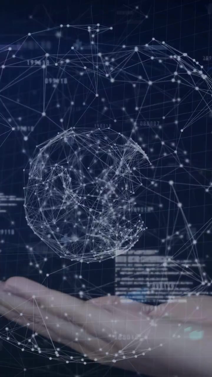 Video verticale: All'ingresso del palmo, un globo wireframe si forma e ruota sopra la mano per mostrare la rete