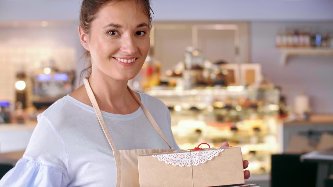 retrato de una mujer con pastel en una panadería