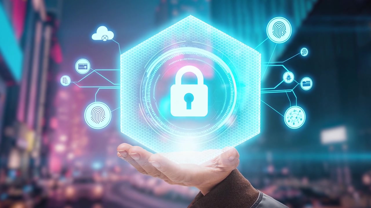 Hand Holding Digital Cybersecurity Hologram with Lock Icon