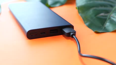 portable charger on orange background with leaves