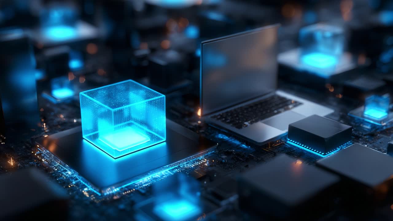A mesmerizing visual representation of advanced technology in a digital environment showcasing a glowing blue cube and a laptop computer set against a futuristic circuit board backdrop