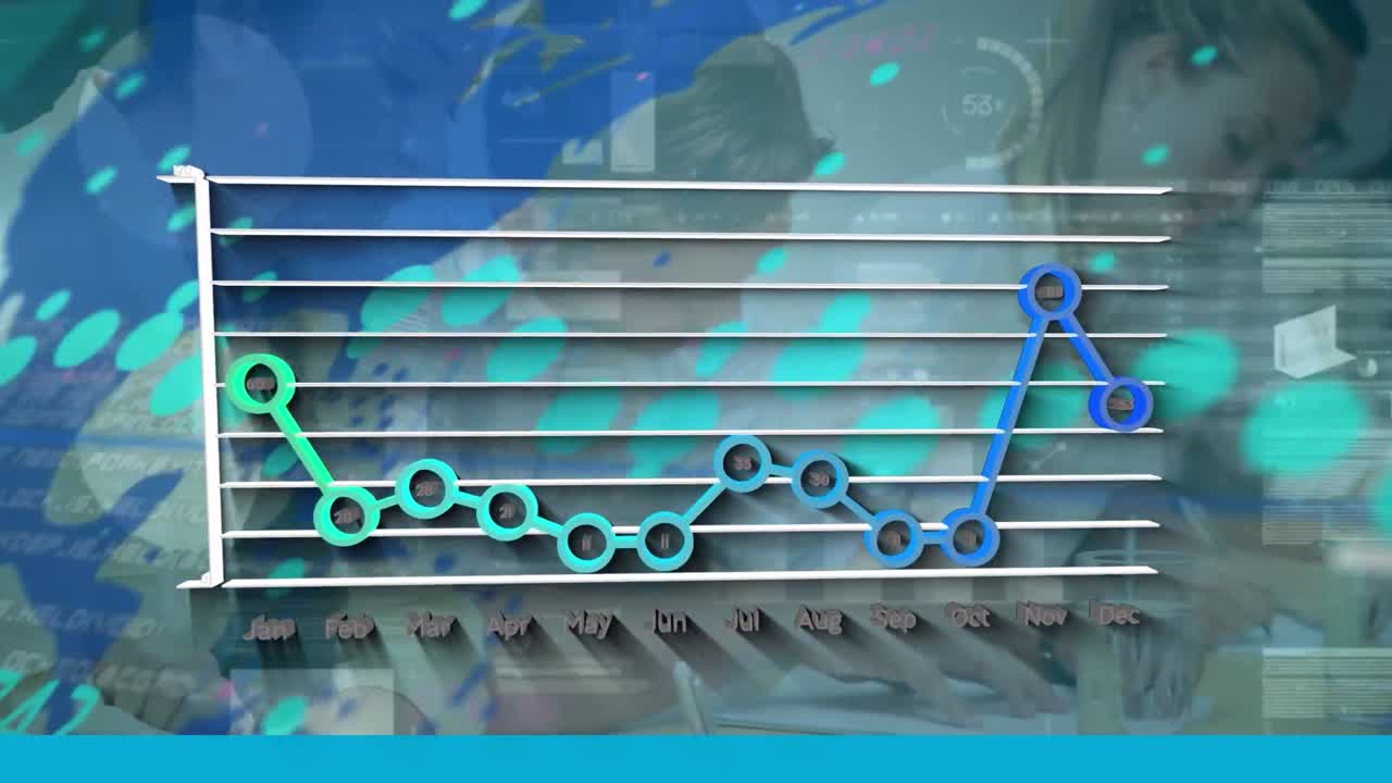 다양한 사업가들의 사무실에 대한 금융 그래프와 세계 지도의 애니메이션