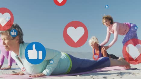 animation of social media icons over senior women exercising