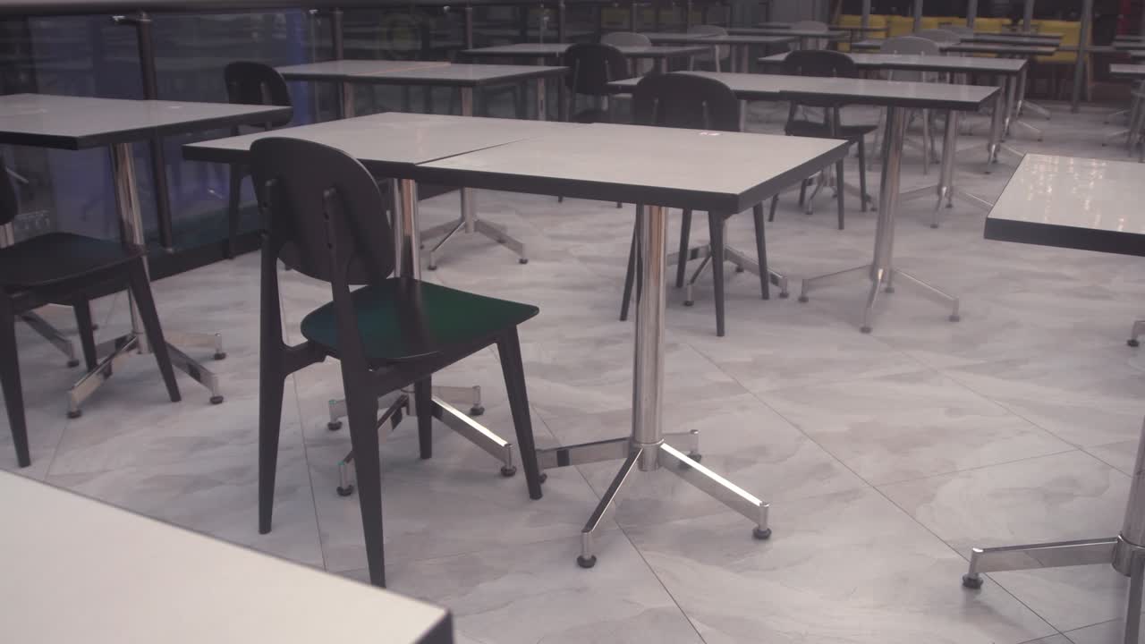 Empty food center cafeteria during corona virus, covid 19 outbreak epidemic.