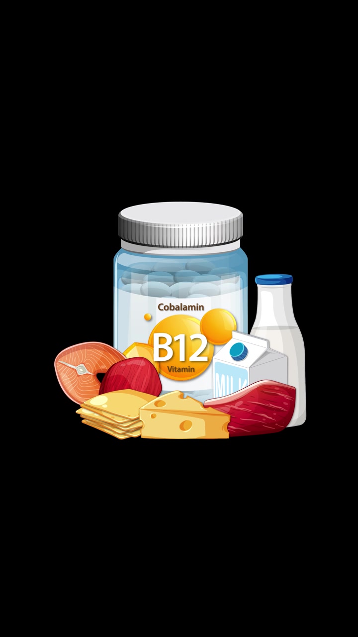 Botol suplemen Vitamin B12 dengan makanan produk susu, daging, dan keju di latar belakang hitam, transisi yang mulus