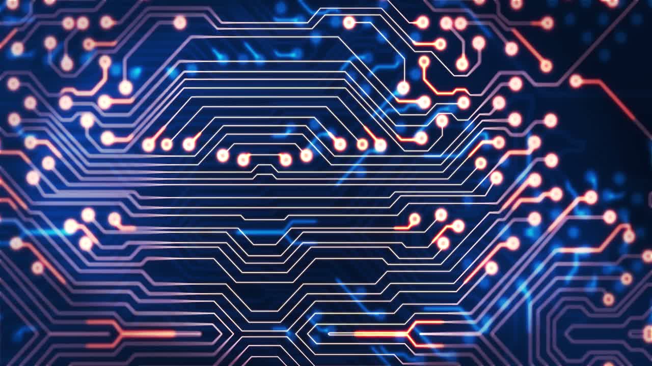 컴퓨터 회로판 위에서 움직이는 빛의 흔적의 애니메이션