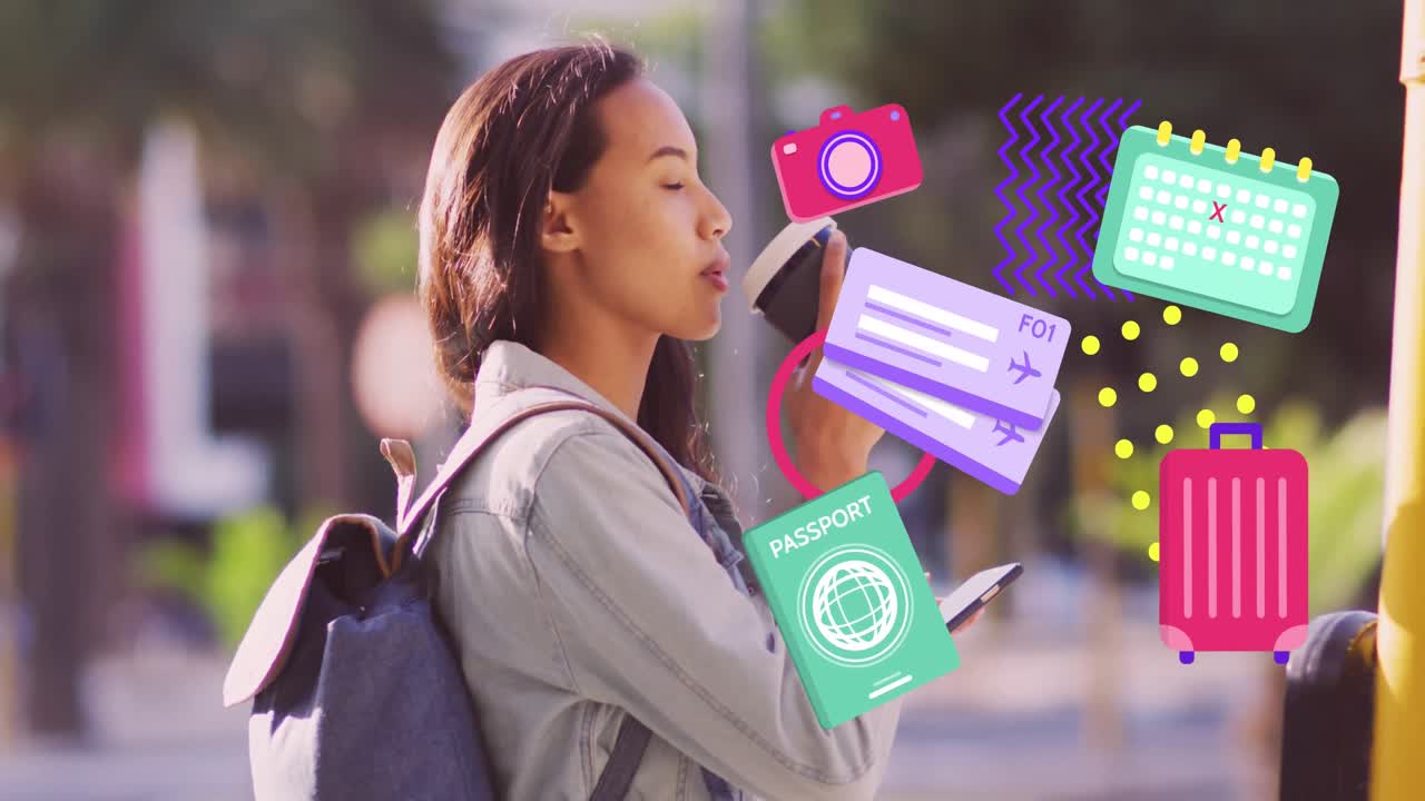 커피를 마시는 두 인종의 여성에 대한 여행 아이콘의 애니메이션.