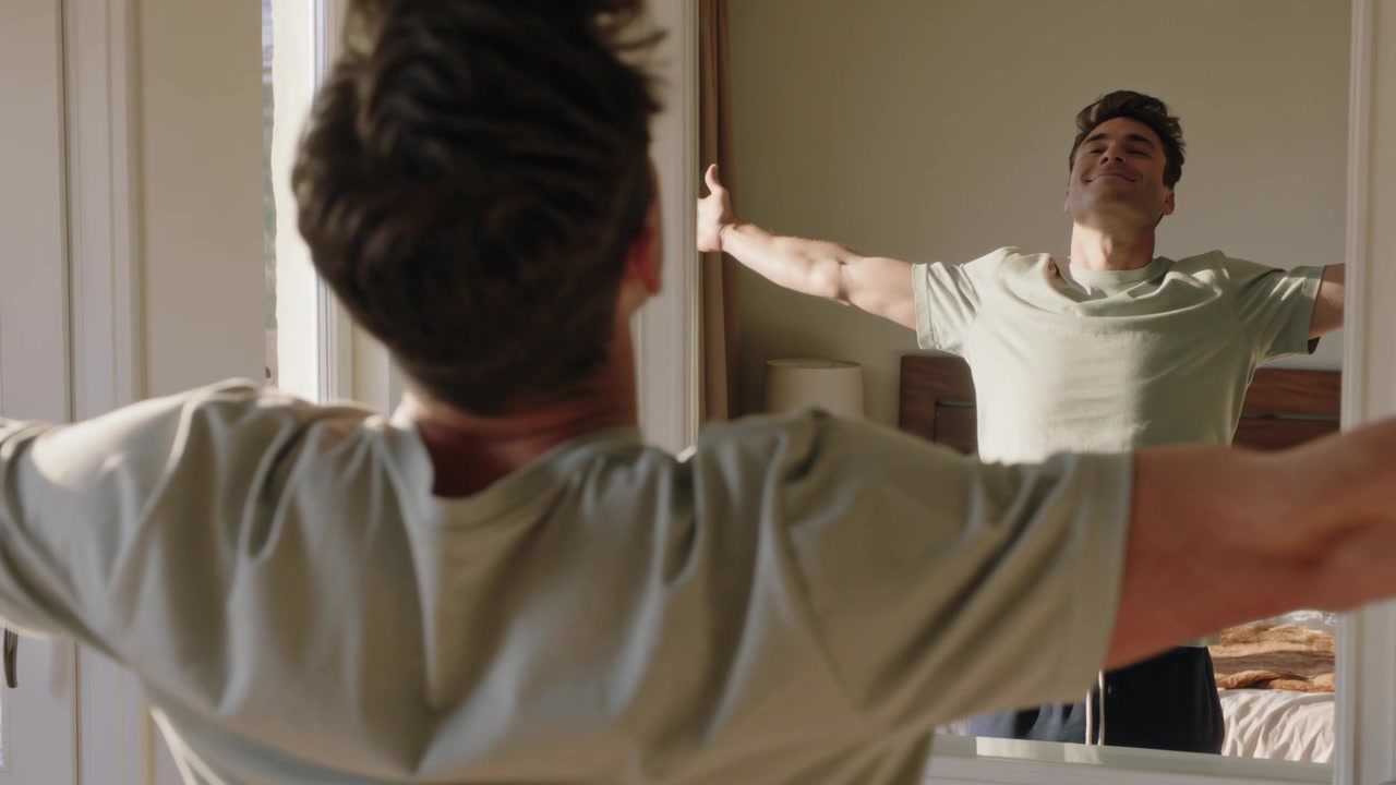Waking to morning sunlight stretching adult man raising arms before bedroom mirror with bed