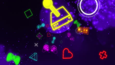 animación de coloridos iconos de juegos y medios con partículas brillantes y luces púrpuras en negro