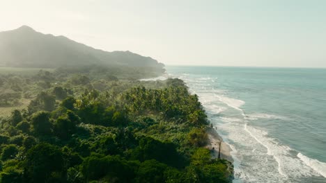 Aerial-drone-of-the-sea-with-monuntains,-santa-marta,-Colombia