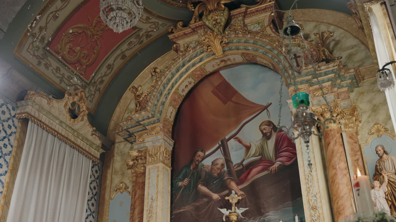 religious painting of jesus with apostles above ornate altar inside richly decorated church