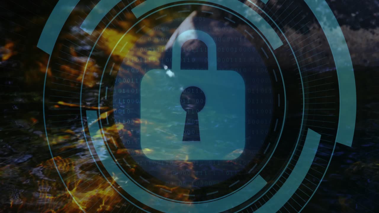 HUD rings fading in and revealing padlock, flames overlaying dark water, visualizing security