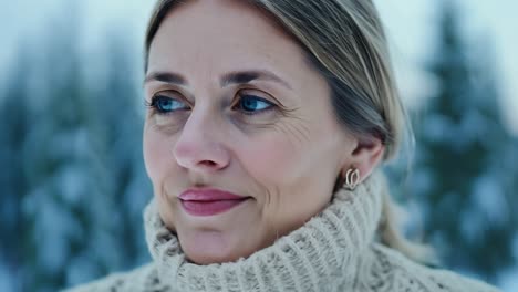 mujer sonriente en un bosque de invierno