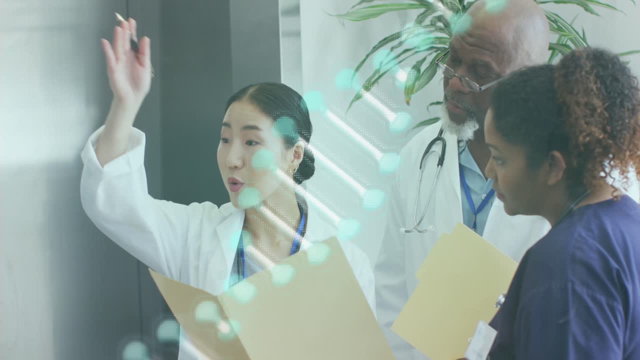 병원에서 일하는 웃는 다양한 의사들의 초상화 위에 있는 dna  ⁇ 의 애니메이션