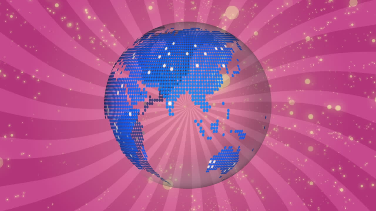 보라색 방사선 배경에 회전하는 지구 위의 노란색 반점의 애니메이션