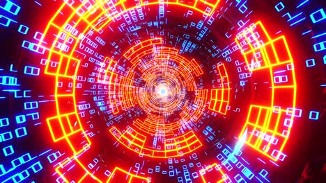 volando a través de un túnel de neón con anillos. animación en bucle infinito