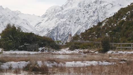 Mujer-Joven-Apoyada-En-Una-Valla-Con-Majestuosas-Montañas-Nevadas-En-Un-Segundo-Plano