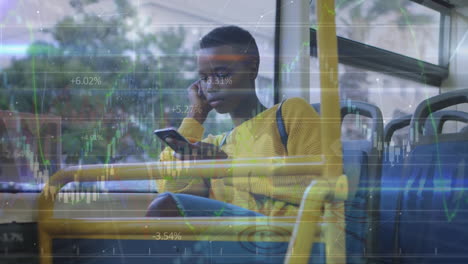 animation of financial data processing over african american woman using smartphone on bus