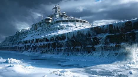 a large ship in the middle of a large body of water covered in ice