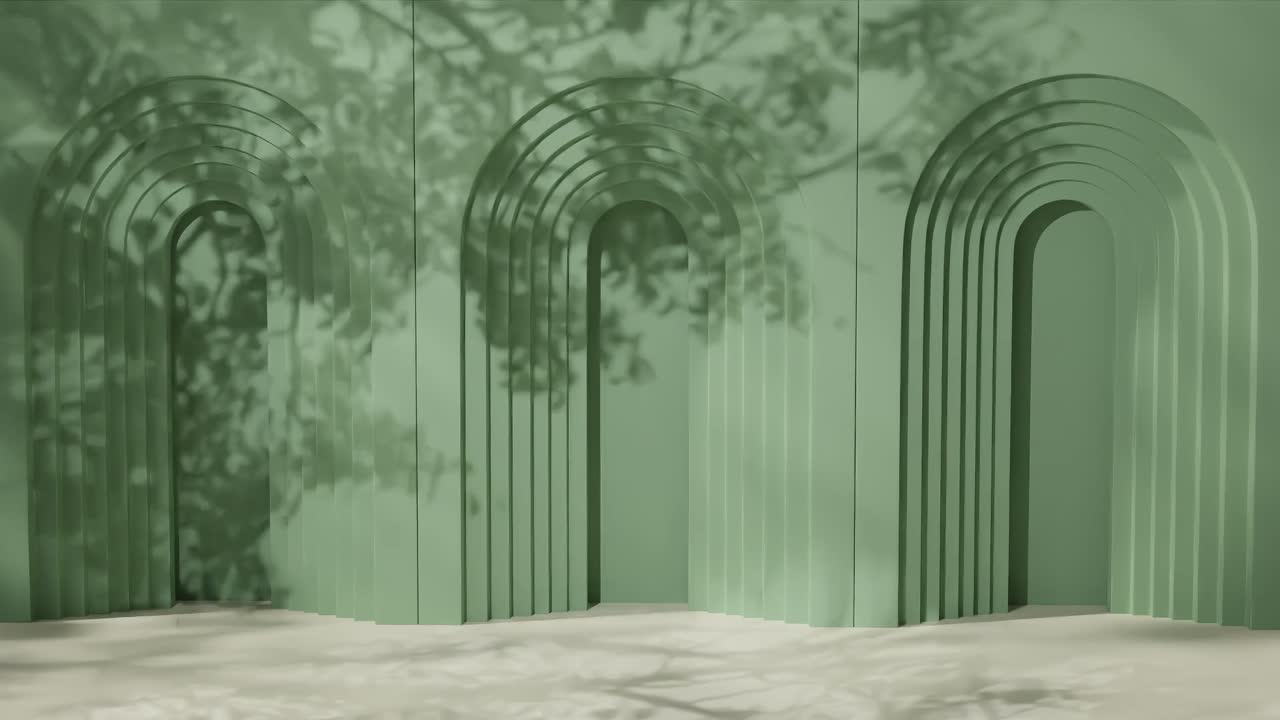 Geometric arched green wall with layered cutouts and shadows of tree branches. 3D architectural background. Design for banner, poster, wallpaper, and header.