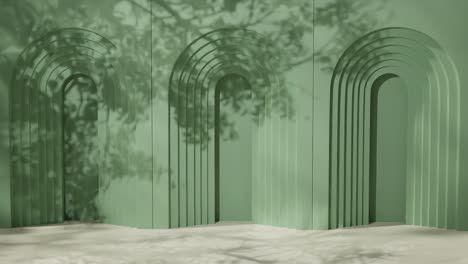 geometric arched green wall with layered cutouts and shadows of tree branches. 3d architectural background. design for banner, poster, wallpaper, and header.