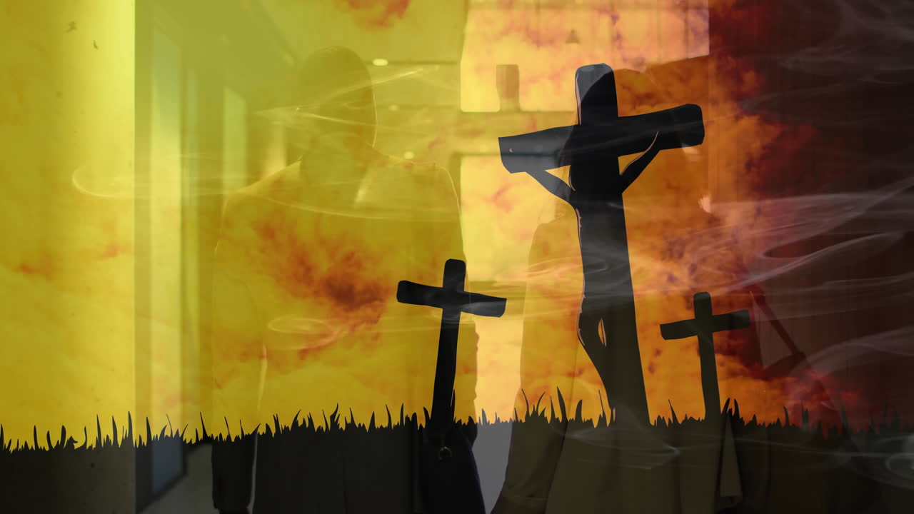 Walking in background, people with silhouettes of crosses over fiery sky animation