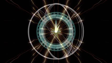 animación de formas abstractas que giran sobre un reloj de neón y rastros de luz en fondo negro