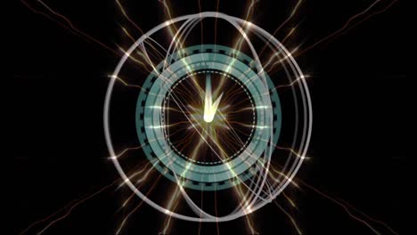 animation of abstract shapes spinning over neon ticking clock and light trails on black background