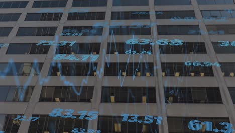 animation of financial data processing over office building