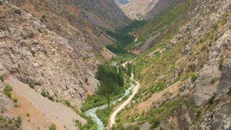 wavelike shape of pskem river at the valley of rocky mountains in ugam-chatcal national park in uzbekistan