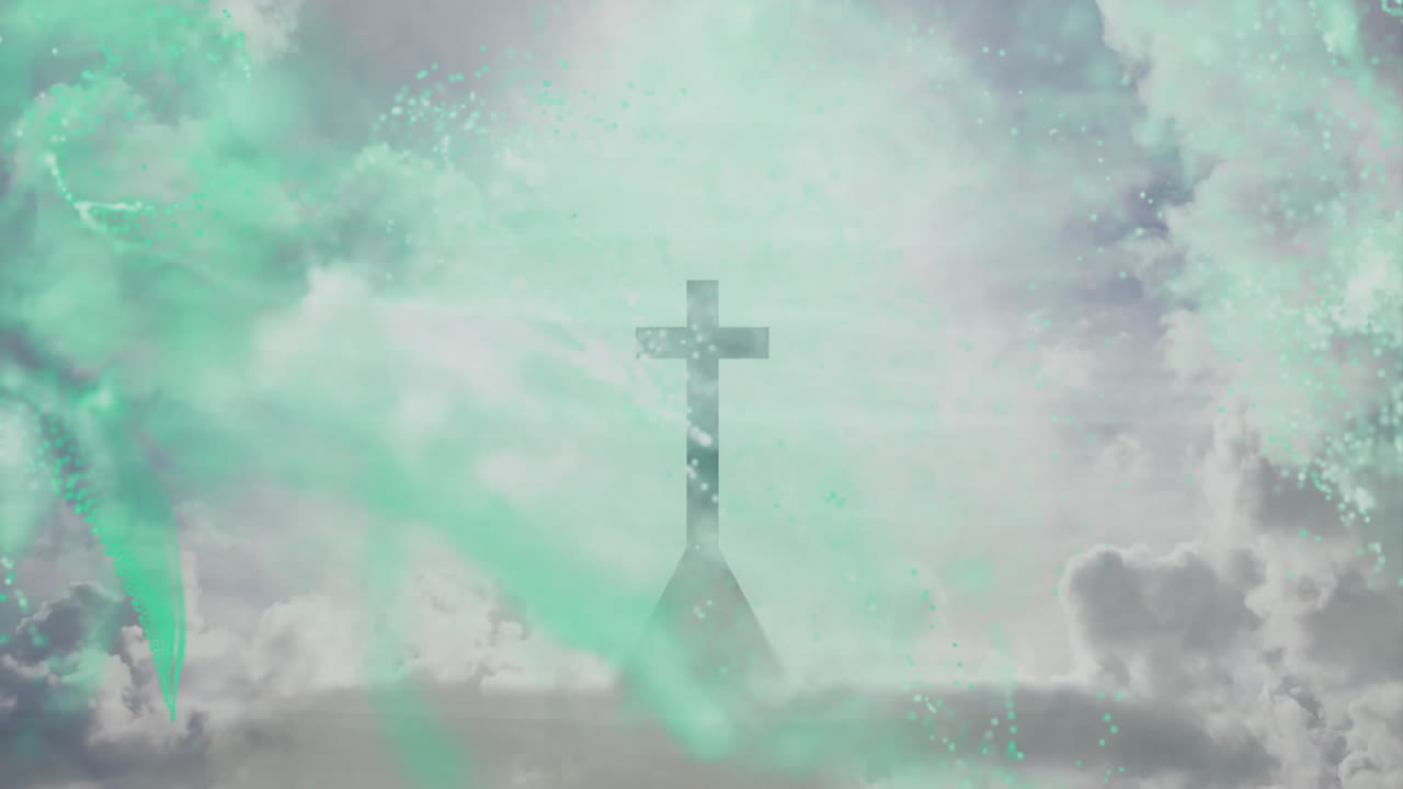 Cross with ethereal green and white mist swirling animation around it